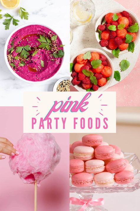 A collage of 4 pink foods including beet hummus, berries with watermelon, cotton candy, and macarons. Text overlay reads "pink party foods" Pink Foods For Color Party, Pink Appetizers For Party, Pink Foods For Party, Magenta Food, Pink Party Food, Pink Appetizers, Pink Party Foods, Pool Party Snacks, Frozen Yogurt Popsicles