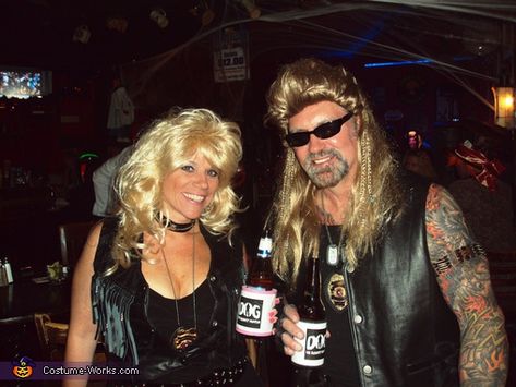 Dog "Bounty Hunter" Chapman & Beth Chapman - Halloween Costume Contest via @costume_works Dog Bounty Hunter, Halloween Costume For Couples, Easy Costumes To Make, Costume For Couples, Beth Chapman, Dog Couple, Leather Vests, Clever Costumes, Hunter Dog