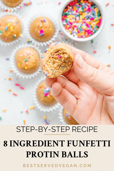 These vegan funfetti protein bites are full of plant-based protein and only 8 ingredients. They are a yummy no-bake snack that basically tastes like you're eating cake batter right out of the bowl! These energy balls take 10 minutes to make and you can meal prep a bunch to have an easy grab-and-go snack throughout the week that basically tastes like an indulgent vegan dessert. Funfetti Protein Balls, Protein Cake Pops, Protein Bites, Protein Balls, No Bake Snacks, Vegan Dessert, Energy Balls, Plant Based Protein, Cake Batter