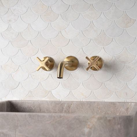 Scallop Tile Bathroom, Family Bathroom Design, Stone Tile Bathroom, Scallop Tiles, White Mosaic Tile, Shell Mosaic Tile, Honed Marble Tiles, Shell Tiles, Small Bathroom Interior