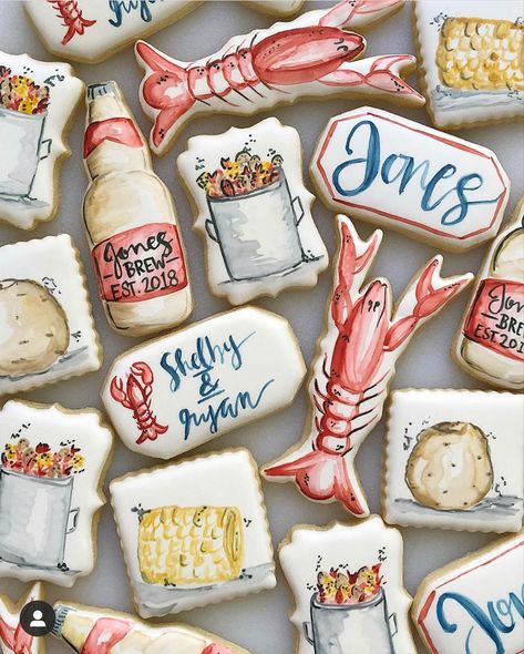 Crawfish Boil Party Games, Low Country Boil Cookies, Shrimp Boil Engagement Party, Clam Bake Decor, Couples Wedding Shower Crawfish Boil, Elegant Crawfish Boil, Seafood Boil Theme Party, Backyard Oyster Roast Party Ideas, Lobster Boil Party Ideas