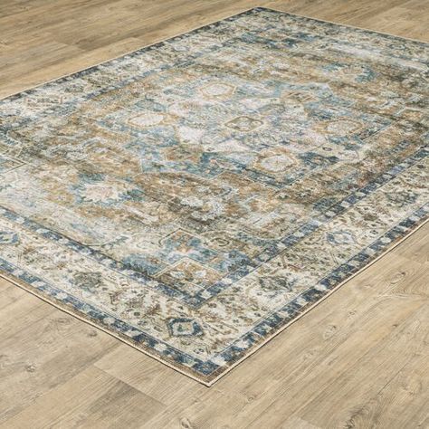 Langley Street Housel Oriental Machine Washable Power Blue/Ivory Area Rug | Wayfair Blue Green Gold, Gold Rug, Blanket Stitch, Green Area Rugs, Indoor Area Rugs, Indoor Rugs, Mat Rugs, Blue Rug, Green Gold