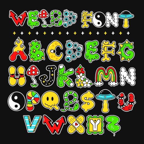 Trippy Alphabet Letters, Trippy Word Art, Hippie Font Alphabet, Trippy Words, Trippy Lettering, Trippy Typography, Trippy Patterns To Draw, Hippy Font, Trippy Letters