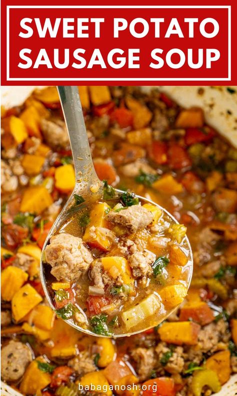 Potato Italian Sausage, Sweet Italian Sausage Soup, Sausage Sweet Potato Soup, Sausage Recipes Potatoes, Sausage Sweet Potato Recipes, Potato Sausage Soup, Potato Soup Vegetarian, Ground Italian Sausage Recipes, Sweet Italian Sausage Recipes