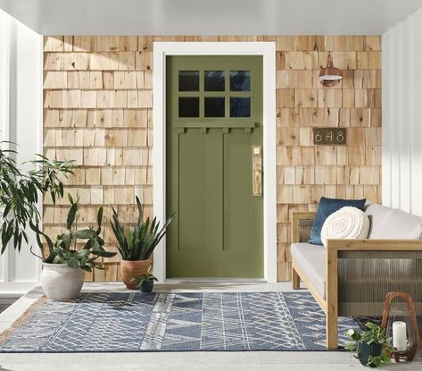 11 Stylish Front Door Paint Colors to Upgrade Your Curb Appeal Sherwin Williams Basque Green, Basque Green Sherwin Williams, Bright Green Paint, Brown Front Doors, Front Door Paint, Coastal Paint Colors, Yellow Front Doors, Red Paint Colors, Add Curb Appeal