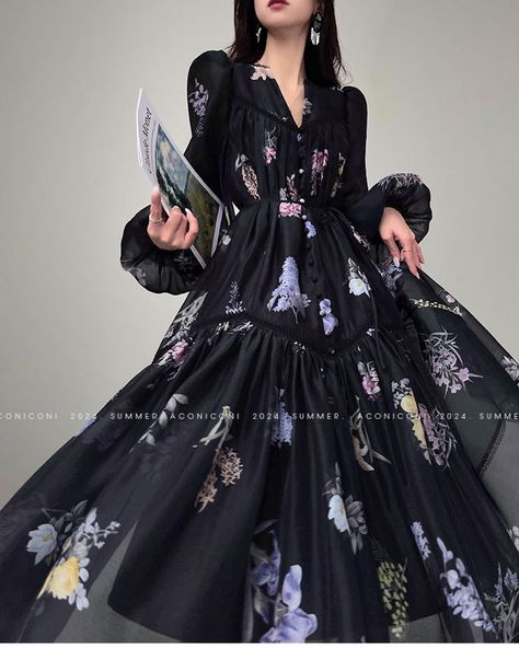 New!! Aconiconi｜Velvet Blossom Long Sleeve Dress in Black 🖤 Black Flower Print Dress, Long Sleeve Long Dress, Sleeve Long Dress, Summer Long Sleeve, Frock Fashion, Dress Design Sketches, Loose Long Sleeve, Flower Print Dress, Korean Dress