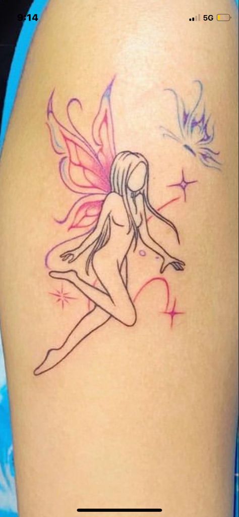 Fairy Tattoo With Color, Fairy Lower Back Tattoo, Pink Fairy Tattoo, Colorful Fairy Tattoo, Fairy Tattoo Colorful, Fairy Tattoo Stencil, Little Fairy Tattoo, Small Fairy Tattoos, Fairy Stencil