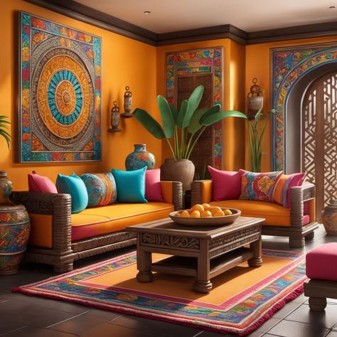 Mexican Style Decor, Colorful Room Decor, Title Ideas, Colourful Living Room Decor, Ethnic Home Decor, Mexican Home Decor, Hotel Room Design, Colourful Living Room, Decor On A Budget