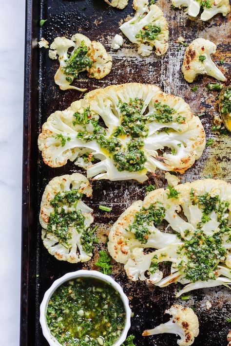 Cauliflower Recipes Roasted, Cauliflower Chimichurri, Cauliflower Steaks Roasted, Chimichurri Recipes, Steak With Chimichurri Sauce, Roasted Cauliflower Steaks, Heart Recipes, Cauliflower Steaks, Chimichurri Sauce