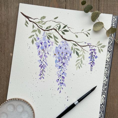 Flower Journaling, Wisteria Drawing Tutorial, Feminine Watercolor, Border Painting Ideas, How To Draw Wisteria Step By Step, Wisteria Flowers, Wisteria Flower Drawing, Wisteria Drawing Simple, Wisteria Drawing