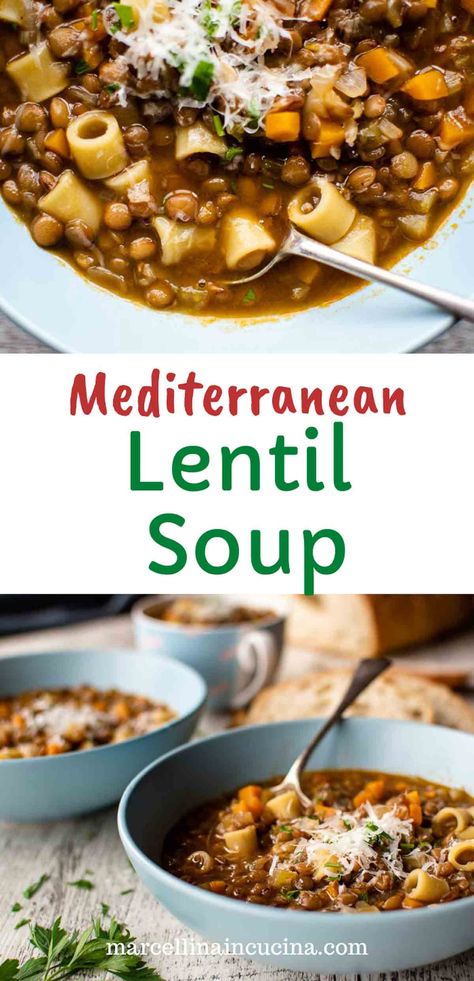 Lentil Soup With Pasta, Medditeranean Lentil Soup, Lentil Broccoli Soup, Umbrian Lentil Soup, Sicilian Lentil Soup, Lentil Soup Without Tomatoes, Mediterranean Lentil Soup Recipe, Lentil Pasta Soup, Brown Lentil Recipes