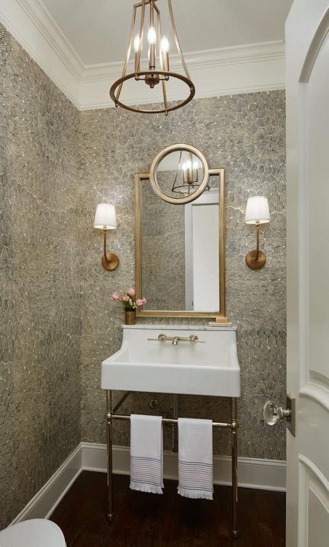 Themed Powder Room, Small Powder Room Decor, Wallpaper Powder Room, Powder Room Lighting, Modern Powder Rooms, Powder Room Remodel, Powder Room Wallpaper, Powder Room Makeover, Powder Room Decor