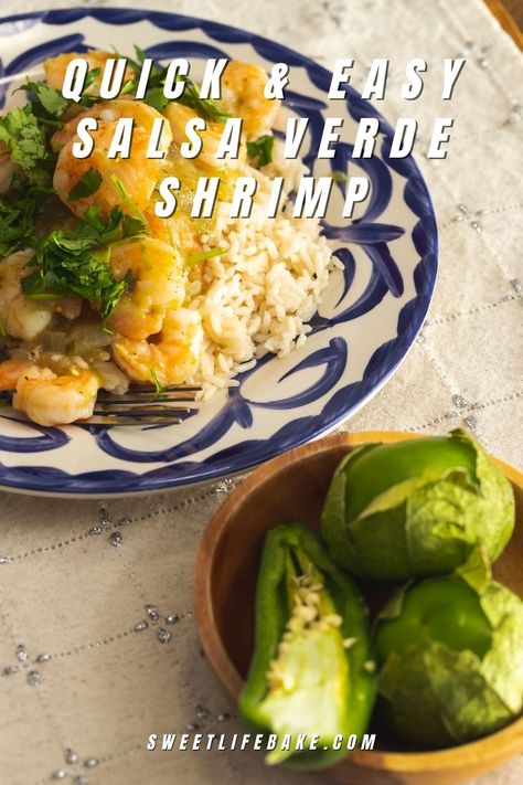 Quick and Easy Salsa Verde Shrimp. Salsa Verde Shrimp, Salsa Verde Recipes, Easy Salsa Verde, Shrimp Salsa, Spicy Tuna Salad, Salsa Verde Recipe, Baked Chicken Drumsticks, Easy Salsa, Fish Tacos Recipe