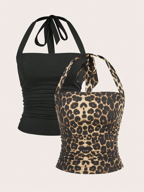 2 Pcs Women's Leopard Print Black Knitted Halter Vest Black Casual    Leopard Print,Textured Pattern Halter Medium Stretch  Women Clothing, size features are:Bust: ,Length: ,Sleeve Length: Leopard Print Clothes, Animal Print Clothes, Cheetah Print Outfits, Leopard Tank, Halter Vest, Animal Print Outfits, Outfit Inspo Casual, Fire Fits, Cute Preppy Outfits