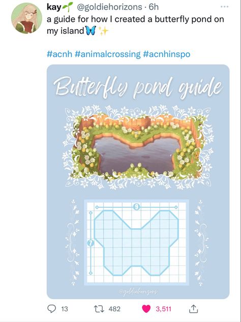 Butterfly Acnh Design, Butterfly Lake Acnh, Animal Crossing Butterfly Pond, Acnh Lake Template, Clear Path Acnh, Acnh Paths Designs Tutorial, Acnh Heart Pond Tutorial, Acnh Butterfly Pond, Acnh Pond Idea