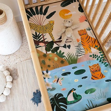 Jungle Theme Baby Nursery Fitted Crib Sheet: in The Jungle. Modern Nursery Modern Jungle Nursery, Neutral Crib, Nursery Designs, Jungle Art, Jungle Nursery, Dinosaur Nursery, Nursery Inspo, Nursery Baby Room, Jungle Theme