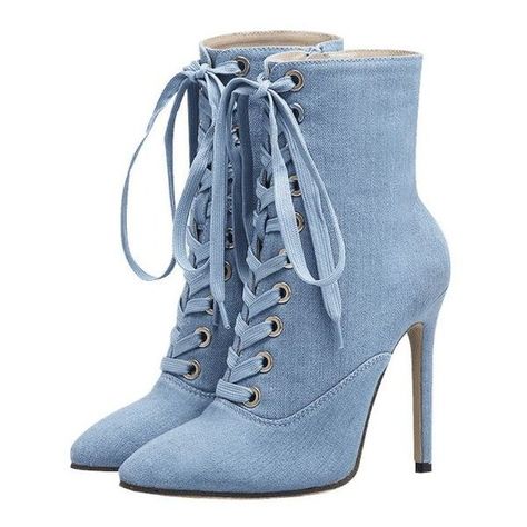 Tie Up Pointed Toe High Heel Denim Boots ❤ liked on Polyvore featuring shoes and boots Light Blue High Heels, Light Blue Heels, Blue High Heel Shoes, Light Blue Shoes, Fancy Heels, Haine Diy, Pointy Toe Boots, Blue High Heels, Shoes Heels Classy