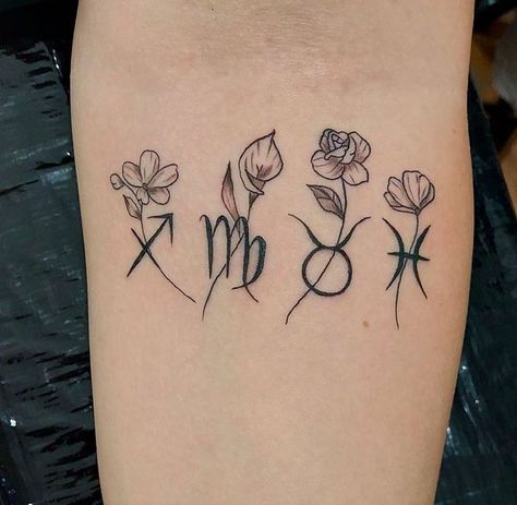 Tattoo Ideas Zodiac Signs, Shoulder Tattoos Small, Small Zodiac Tattoos, Tattoos Silly, Tattoo Ideas Zodiac, Silly Matching Tattoos, Feminine Shoulder Tattoos, Glyph Tattoo, Astrology Tattoo