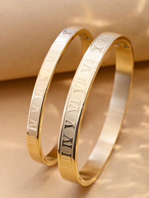 2pcs/set Couple Roman Numeral Detail BangleI discovered amazing products on SHEIN.com, come check them out! Set Couple, Latest Bracelets, Bracelet Sets, Bracelet Couple, Mens Gold Jewelry, Gold Collar, Roman Numeral, Roman Numerals, Wrist Watches