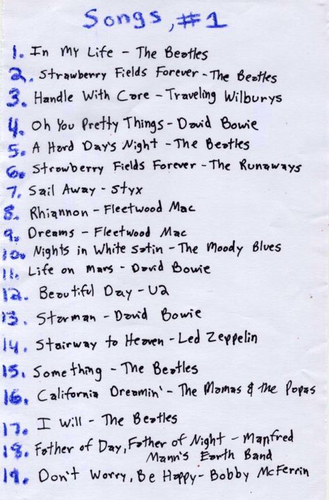 Classic songs that remind me of my teenage years.   Listen to the playlist on YouTube 1. In My Life – The Beatles 2. Strawberry Fields Forever – The Beatles 3. Handle With Care – The Traveling Wilburys 4. Oh!… Continue Reading → David Bowie Songs, Rhiannon Fleetwood Mac, In My Life The Beatles, Fleetwood Mac Aesthetic, Another Misaki Mei, Muzică Rock, Traveling Wilburys, Rock Music Quotes, Playlist Songs