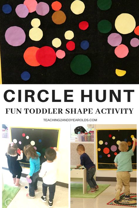 Looking for a way to introduce shapes? This toddler circle activity involves moving around the room,  finding hidden circles, and placing them on the felt board. Hands-on fun! #shapes #toddlers #circles #largemotor #AGE2 #teaching2and3yearolds Shapes Toddlers, Circle Activity, Toddler Circle Time, Kids Shapes, Circle Time Activities, Teaching Shapes, Circle Crafts, Shapes Preschool, Gross Motor Activities