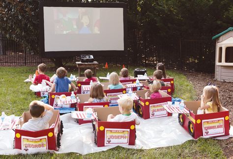 kids-drive-in-movie-cars Alison Events, Cardboard Kids, George Kids, Outdoor Movie Party, Curious George Party, Curious George Birthday, Movie Birthday Party, Summer Party Themes, Backyard Movie Nights