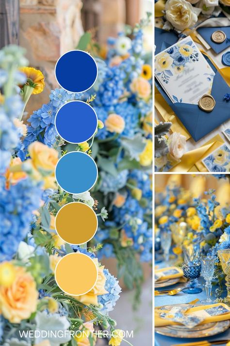 Blue and yellow wedding theme ideas for a bright, cheerful palette. Cobalt Blue And Yellow Wedding, Rustic Yellow Wedding Theme, Wedding Flower Theme Color Schemes, Waterfront Wedding Colors, Dusty Blue And Yellow Wedding Theme, Yellow And Blue Wedding Theme, Color Themes For Wedding, Wedding Blue Color Schemes, Blue And Yellow Wedding Theme