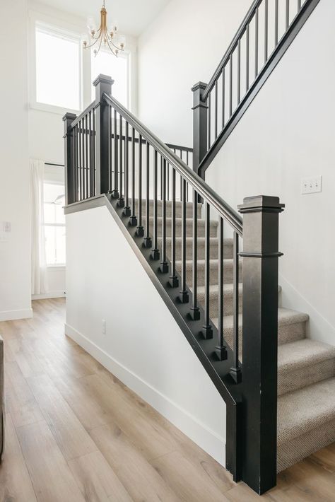 #crafts #remodeling #diy #stairsmakeover Banister And Spindle Ideas, Staircase White And Black, Matte Black Railing Stairs, Dark Grey Spindles Staircase, Black Rail Staircase, Black Stairs And Railing, Double Banister Stairs, Black Stairway Railing, Black Indoor Stair Railing