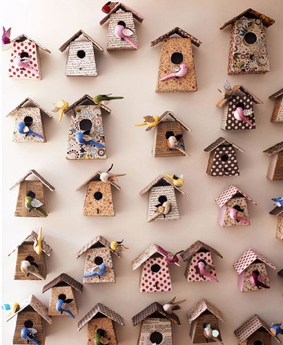 lovely wall of birdhouses • tamar mogendorff The mind is spinning with ideas for where to hang these. Bird Boxes, Bird Cages, Fabric Birds, Birds Of Paradise, Little Houses, Birdhouse, Bird Cage, Flower Making, Love Birds