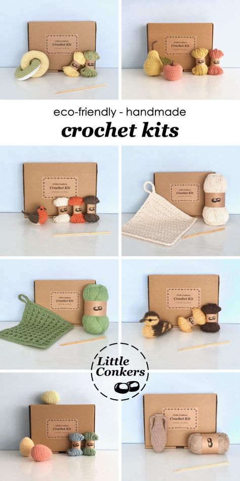 Eco-friendly crochet kits by Little Conkers. Make your own successful crochet projects with these beautifully-presented DIY kits. Includes kits for dishcloths, amigurumi creatures, seasonal decorations and more. Each kit contains everything you need and an easy-to-follow, fully-illustrated crochet pattern. #craftkits #crochetkits #ecocraft Diy Crochet Kit, Crochet Kit For Beginners, Crochet Kits For Beginners, Diy Kits Packaging, Amigurumi Creatures, Crochet Packaging, Craft Kits For Adults, Kit Packaging, Craft Therapy