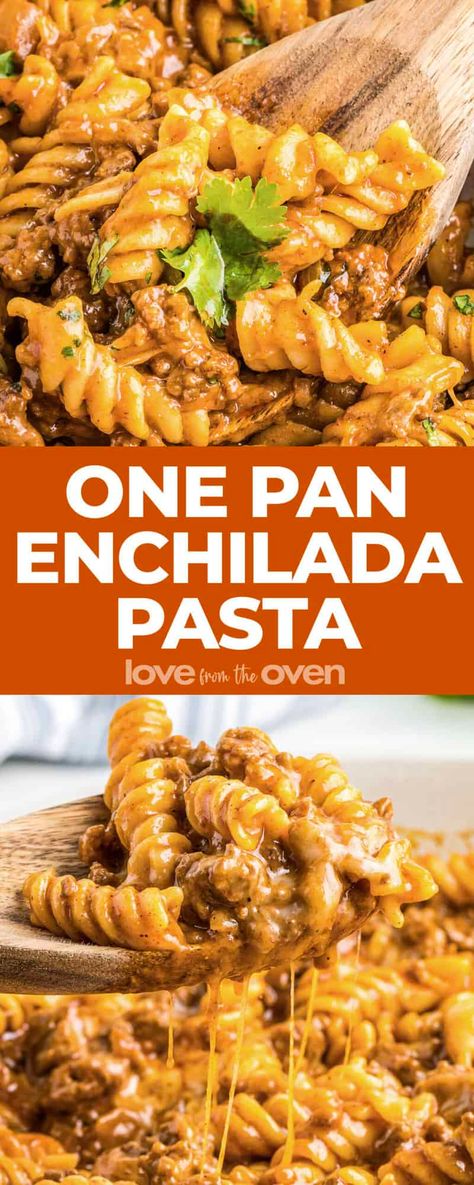 Enchilada Pasta • Love From The Oven Chicken Enchiladas Easy Red Sauce, Red Sauce Chicken Enchiladas, Chicken Enchiladas Crock Pot, One Pan Enchilada, Beef Enchilada Pasta, Mexican Rice And Beans, Beef Pasta Recipes, Enchilada Pasta, Recipes With Enchilada Sauce