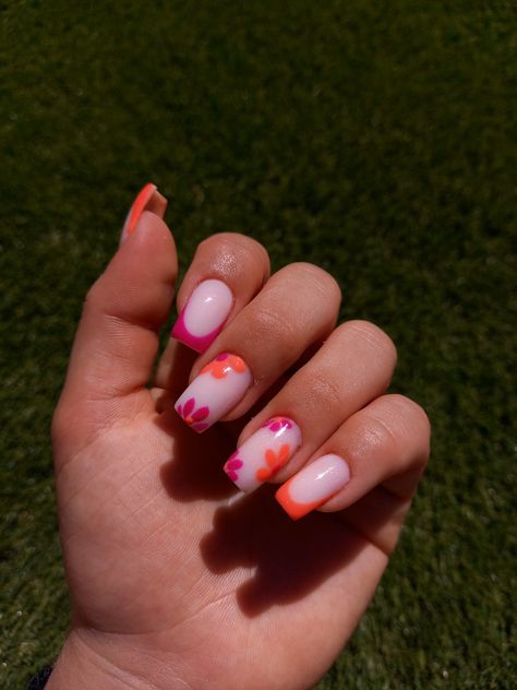 Pink And Orange Flower Nails, Neon Flower Nails, Pink And Orange Nails, Cancun Mexico Vacation, Pink Flower Nails, Nails Flower, Color For Nails, 3d Flower Nails, Neon Flowers