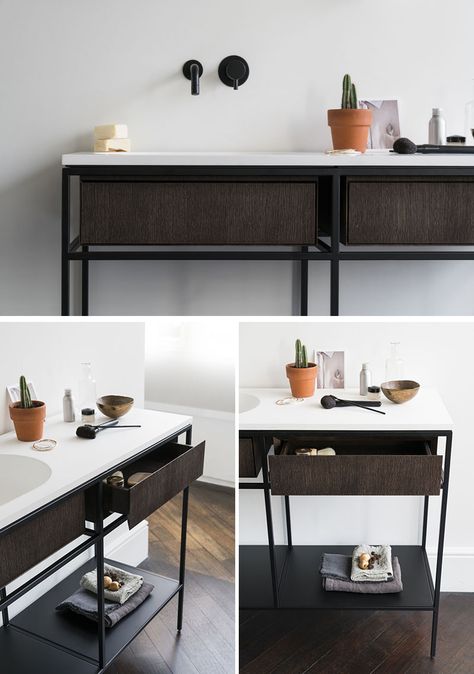 Norm Architects have designed a collection of modular minimalist bathroom consoles that feature black graphic frames, marble and wood. Unique Countertops, Nyc House, Bathroom Console, Frame Bathroom, Vanity Ideas, Vanity Design, Norm Architects, Hotel Boutique, Minimalist Interior Design