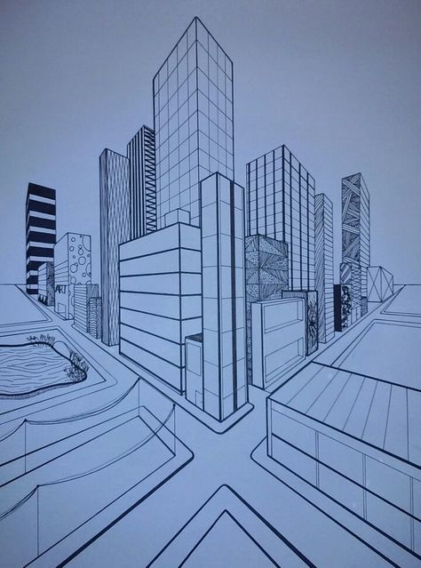 Perspective Drawing Reference Photos Buildings, 3d City Drawing, Perspective Artwork, Utopia Drawing, Fantasy Perspective Drawing, City Perspective Drawing, 2 Point Perspective Drawing Cities, 3d Drawings Building, Perspective Drawing 2 Point City