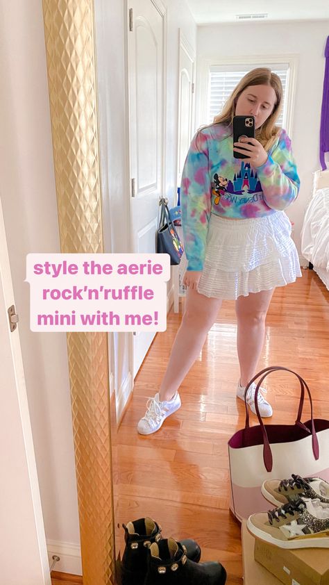 tie dye vintage disney sweatshirt with a white ruffle mini skirt and adidas sneakers Love Shack Fancy Haul, Mini Ruffle Skirt, Video Transitions, Reel Video, Ruffle Skirts, 50 Dollars, Aerie Real, Love Shack Fancy, Instagram Reel