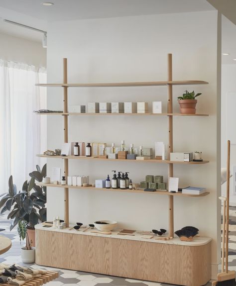 Salon Retail Display Ideas, Retail Sales Counter, Salon Retail Display, Editorial Architecture, Gift Shop Interiors, Shop Shelving, Hair Salon Interior, Retail Space Design, Portrait Editorial