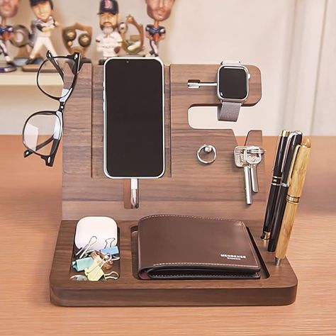 Amazon.com: BarvA Wood Docking Station Farmhouse Decor Nightstand Organizer Phone Wallet Watch Stand Key Holder Charging Dock Desk Accessories Tech Gadgets Bedside Caddy Birthday Gifts for Men Side Table EDC Tray : Cell Phones & Accessories Phone Holder Table, Accessories For Desk, Desk Accessories For Men, Diy Bedside Table, Bedside Table Organization, Nightstand Organizer, Bedside Caddy, Wood Docking Station, Wood Phone Stand