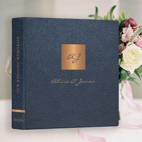 Elegant monogram gold navy script wedding album 3 ring binder Wedding Album Scrapbooking, Scrapbook Wedding, Leather Background, Elegant Monogram, Wedding Mementos, Personalized Party Favors, Invitation Kits, Dark Burgundy, Wedding Scrapbook