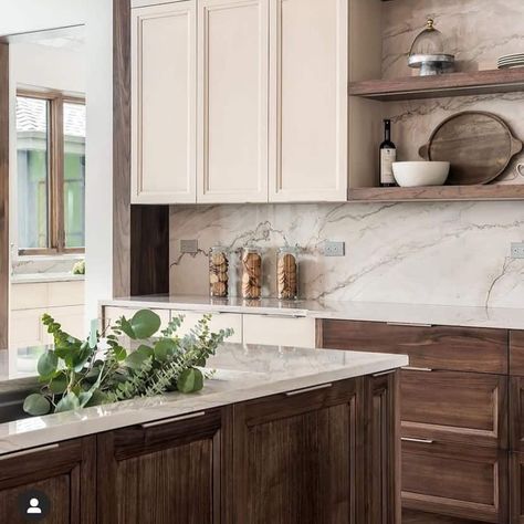 Two Tone Kitchen Cabinets Not White, Cream And Stained Kitchen Cabinets, Small Kitchen 2 Tone Cabinets, Taupe Kitchen Cabinets With Wood Island, Cream Two Tone Kitchen Cabinets, Mixed Finish Kitchen Cabinets, Mix Wood And Painted Cabinets, Wood Colored Cabinets Kitchen, Medium Tone Kitchen Cabinets