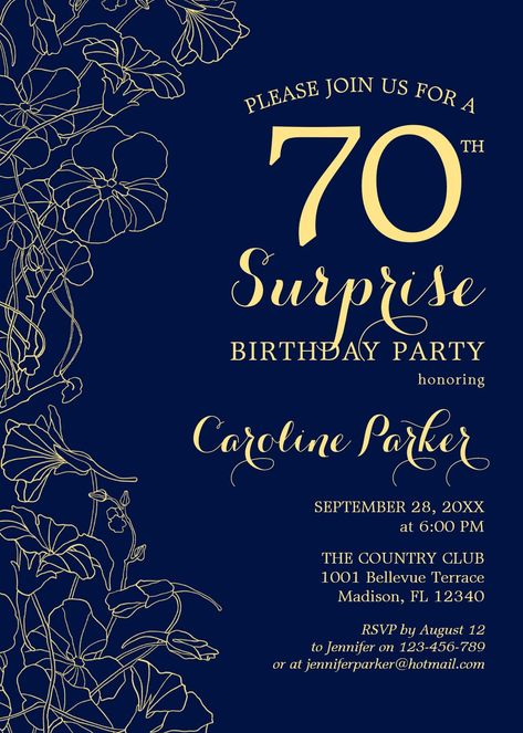 Floral Navy Gold Surprise 70th Birthday Party surprise 70th birthday surprise birthday party for woman surprise bday elegant script font floral flowers feminine navy gold Surprise 60th Birthday Party, Surprise 50th Birthday Party, Surprise 30th Birthday, Surprise 60th, Surprise 50th, 60th Birthday Party Invitations, 30th Birthday Party Invitations, 40th Birthday Party Invites, Surprise Birthday Invitations