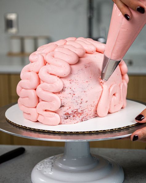 This brain cake is perfect for Halloween! It's made with moist red velvet cake layers, pink buttercream and raspberry jam blood. Brain Cake, Cream Cheese Buttercream Frosting, Buttercream Designs, Halloween Birthday Cakes, Cream Cheese Buttercream, Leftover Cake, About Halloween, Gel Food Coloring, Raspberry Jam