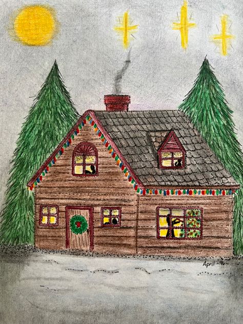 Christmas Card Colored Pencil 2002 Christmas Cards Colored Pencil, Christmas Colored Pencil Drawings, Colored Pencil Art, Christmas Artwork, Pencil Crayon, Christmas Scene, Color Pencil Drawing, Color Pencil Art, Colored Pencil