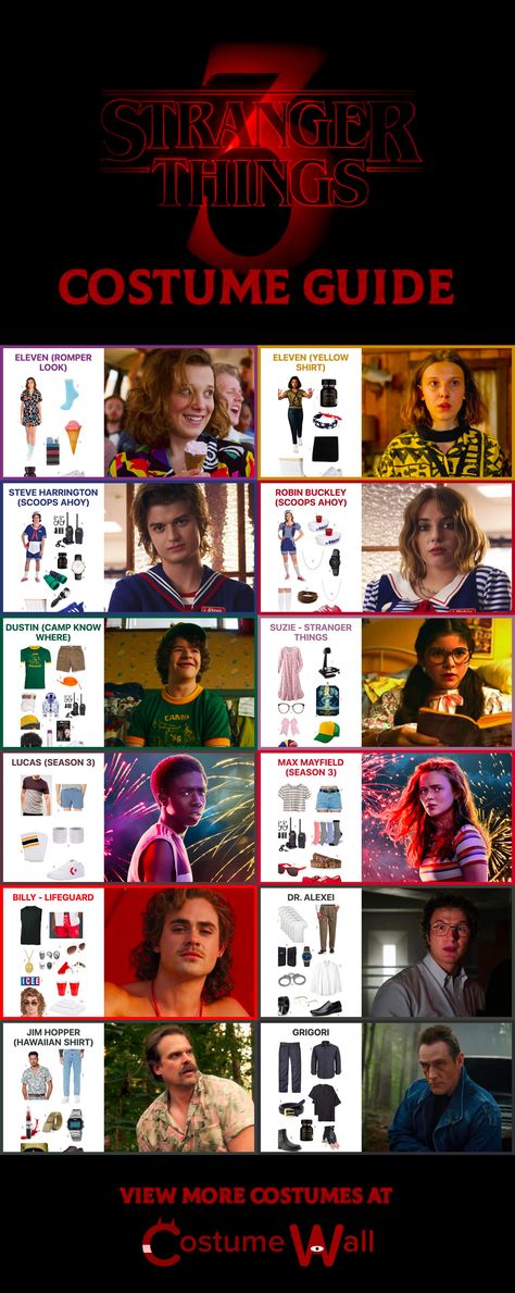 Browse through Stranger Things 3 character costume and cosplay guides. See how to look like every Stranger Things character with step-by-step DIY cosplay guides. You can find guides on how to dress like Eleven, Sheriff Hopper, Steve Harrington, Robin, Lucas, Dustin, Max and the rest of the crew. Disfraces Stranger Things, Stranger Things Halloween Party, Stranger Things Halloween Costume, Stranger Things Cosplay, Netflix Stranger Things, Stranger Things Outfit, Stranger Things Costume, Stranger Things Halloween, Diy Cosplay