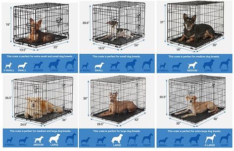 Dog crate size chart. A great guide to buying the right size crate for your new rescue dog! #dogs #dogcrate #dogtraining #rescuedogs101 Dog Kennel Size Chart, Dog Crate Size Chart, Dogs Leash, Dog Boredom, Puppy Potty Training, Puppy Obedience Training, Dog Behavior Training, Positive Dog Training, Easiest Dogs To Train