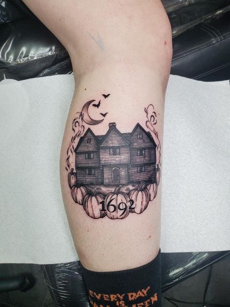 salem witch trials tattoo spooky scary halloween goth emo witchcraft wicca paganism pagan the craft house pumpkin leaves leaf Salem Witch Trials Tattoo, Monster House Tattoo, Salem Witch Tattoo Ideas, Hag Tattoo, Witch House Tattoo, Pumpkin Patch Tattoo, Salem Witch Tattoo, Salem Tattoo Ideas, Halloween Town Tattoo