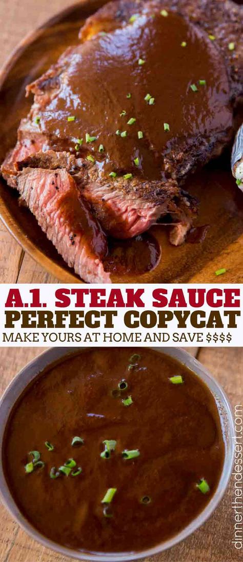 An easy and perfect A1 Steak Sauce Copycat made in just 20 minutes and for so much less money! Made with raisins, Worcestershire sauce and ketchup. Steak Sauce Recipe, Steak Sauce Recipes, Steak Dinner Recipes, Seared Salmon Recipes, Skirt Steak Recipes, Chimichurri Recipe, Homemade Condiments, Homemade Seasonings, Steak Sauce