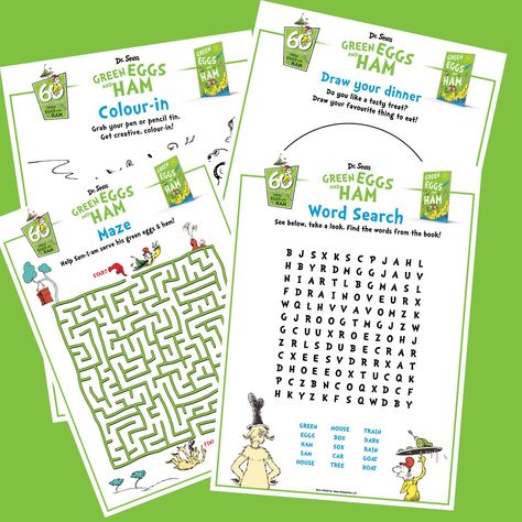 Colour in, draw, search for words and solve a maze with Green Eggs and Ham! Green Eggs And Ham Worksheet, Green Eggs And Ham Activity, Green Eggs And Ham Activities, 3rd Grade Activities, Dr Seuss Activities, Dr Seuss Day, Elementary School Library, Preschool Colors, Green Eggs And Ham