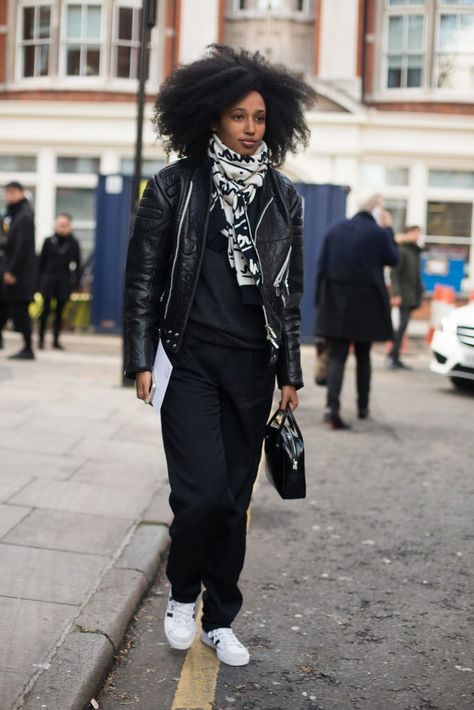 LFW Street Style Day Two Milano Street Style, Julia Sarr Jamois, Moto Chic, Wear A Scarf, Black Wardrobe, How To Wear A Scarf, Popsugar Fashion, Milan Fashion Weeks, The Best Street Style