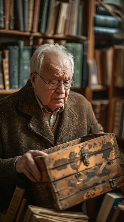 Elderly Man Reflecting: An elderly man with glasses looks thoughtfully at an old treasure chest surrounded by books. #elderly #man #glasses #reflecting #books #chest #old #vintage #aiart #aiphoto #stockcake https://ayr.app/l/jW2T Old Treasure Chest, Old Man Glasses, Surrounded By Books, Man With Glasses, Man Glasses, Old Grandpa, Book Vibes, Old Office, Magnum Opus