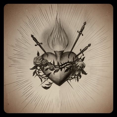 6,031 Likes, 56 Comments - Kat Von D (@thekatvond) on Instagram: “Old sacred heart sketch.” Realistic Sacred Heart Tattoo Design, Hai Tattoo, Sacred Heart Tattoo, Sacred Heart Art, Sacred Heart Tattoos, Mary Tattoo, Religious Tattoo, Religious Tattoos, Heart Sketch